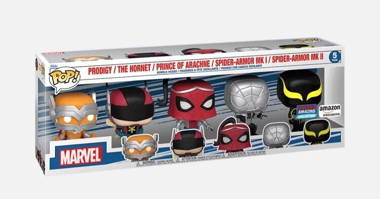 Funko POP Marvel 5 Pack Prodigy The Hornet Prince of Arachne Spider Armor MK 1 Spider Armor MK 2 Amazon Exclusive - NERD BLVD