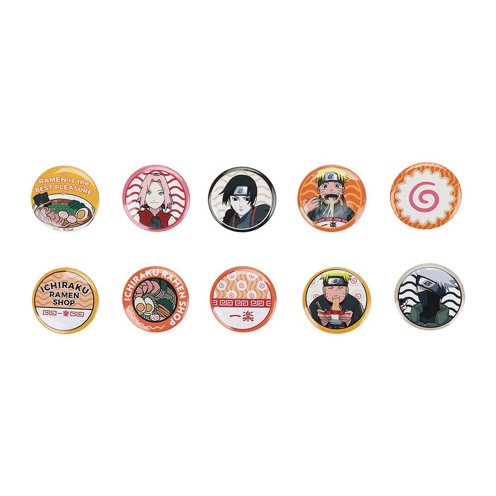 NARUTO ICHIRAKU RAMEN 10 PIECE BUTTON PIN BOX SET - NERD BLVD